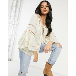 Free People M Talia Embroidered Blouse Oversized Tunic Bell Sleeves Milk Blossom